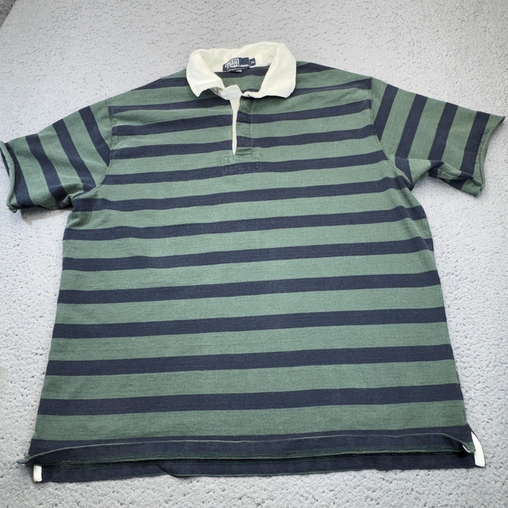 Polo Ralph Lauren Iconic Rugby Shirt Mens XL Blue Green Stripe Contrast Collar